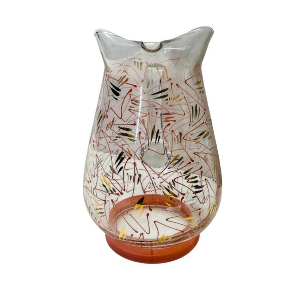 Mid-Century Modern Handpainted Glass Pitcher With Abstract Design & Red Base - Picture 6 of 8